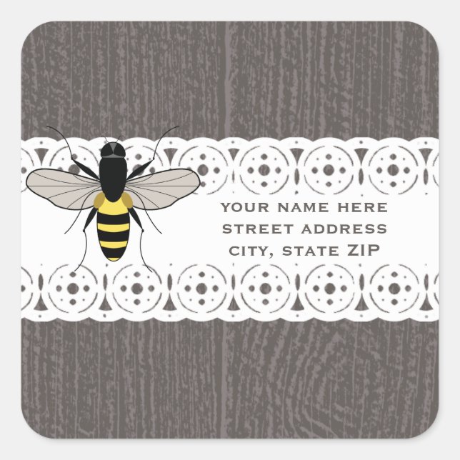 Wood & Lace Inspired Honey Bee Address Square Sticker (Front)