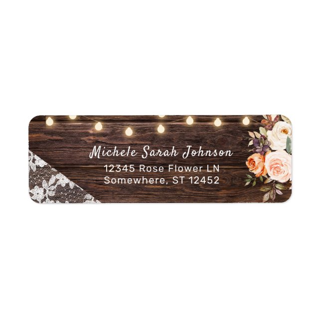 Wood Lace, Lights, Blush & Peach Floral Address (Front)