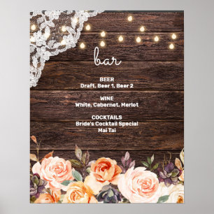 Wood Lace, Lights, Blush & Peach Floral Bar Sign