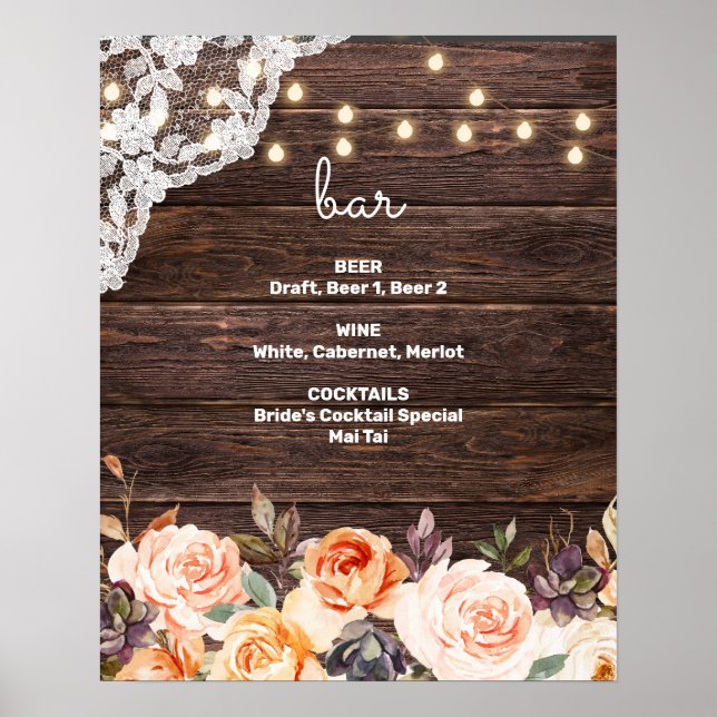Wood Lace, Lights, Blush & Peach Floral Bar Sign (Front)