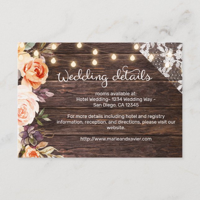 Wood Lace & Lights & Blush & Peach Floral Details Enclosure Card (Front)