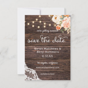 Wood Lace, Lights, Blush & Peach Floral Rustic 2 Save The Date