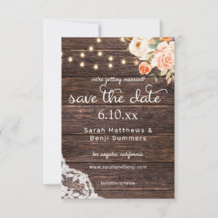 Wood Lace, Lights, Blush & Peach Floral Rustic Save The Date