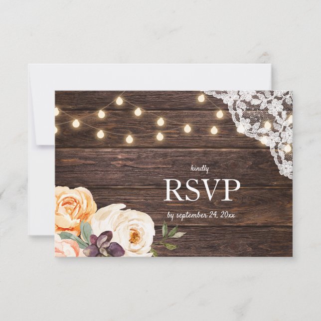Wood Lace & Lights & Blush Peach Floral w/ Meal RSVP Card (Front)