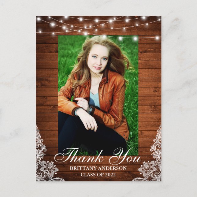 Wood Lace Lights Photo Graduation Thank You Postcard (Front)