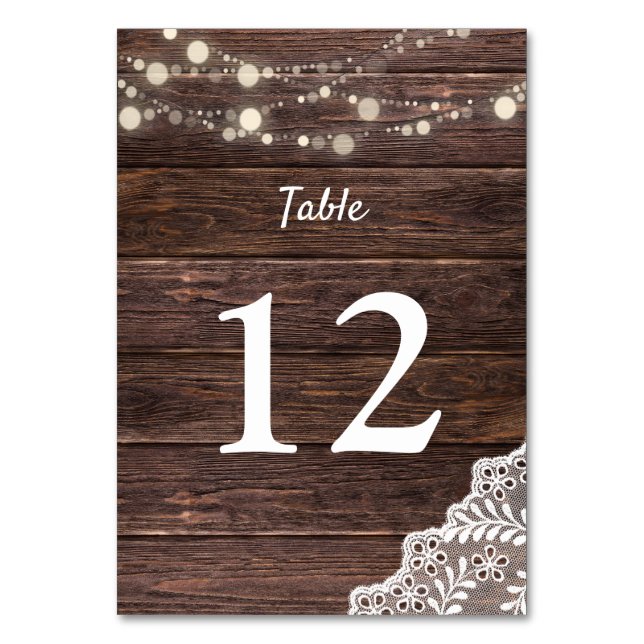 Wood, Lace, String Lights 2 Table Number (Front)