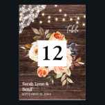 Wood Lace, String Lights, Blush & Peach Floral 3 Table Number<br><div class="desc">Dress up your wedding or party tables with this chic wood,  lace,  string lights,  and blush & peach floral Table Number Card.  The florals are hand painted in watercolor.</div>