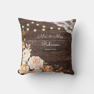 Wood Lace, String Lights, Blush & Peach Floral Cushion