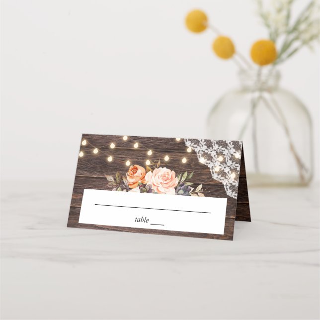 Wood Lace, String Lights, Blush & Peach Floral Place Card (Front)