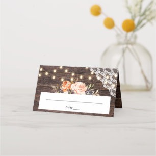 Wood Lace, String Lights, Blush & Peach Floral Place Card