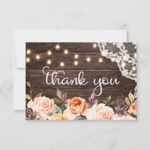 Wood Lace, String Lights, Blush & Peach Floral Thank You Card