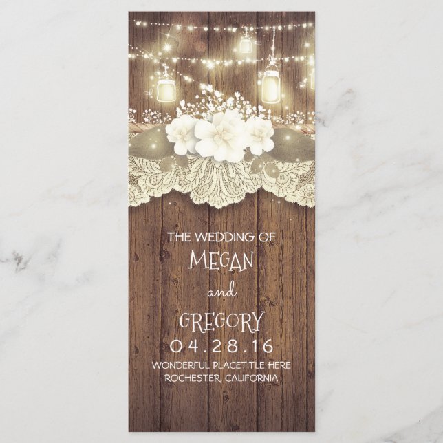Wood Lace String Lights Mason Jars Wedding Program Programme (Front)