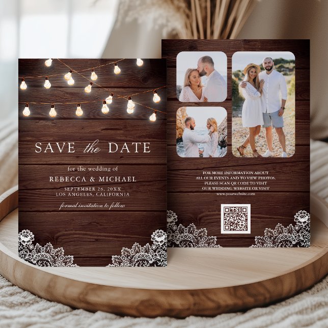 Wood Lace String Lights Photo QR Code Wedding Save The Date (Creator Uploaded)