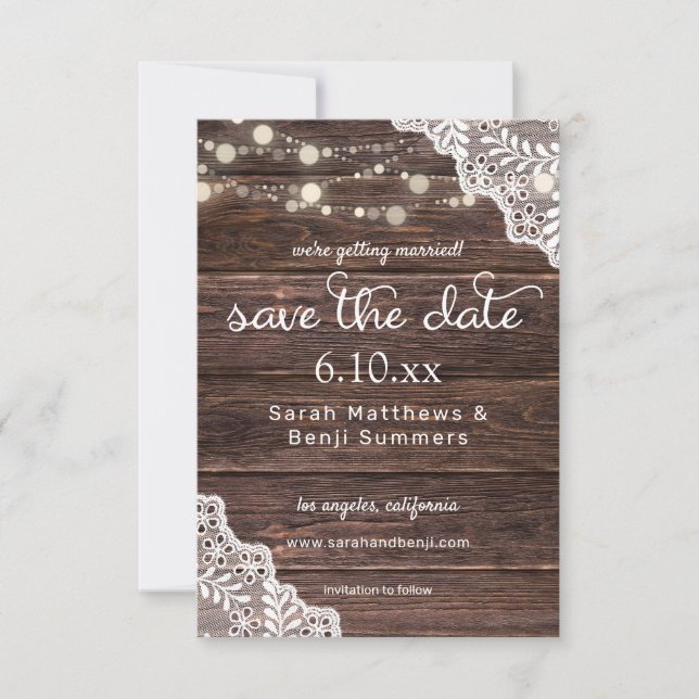 Wood Lace & String Lights Save The Date V2 (Front)