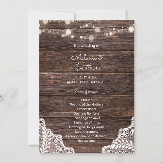 Wood, Lace String Lights Wedding Ceremony Program Invitation (Front)