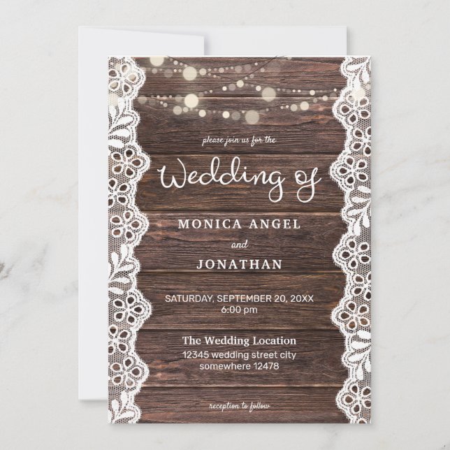 Wood & Lace & String Lights Wedding Invitation (Front)
