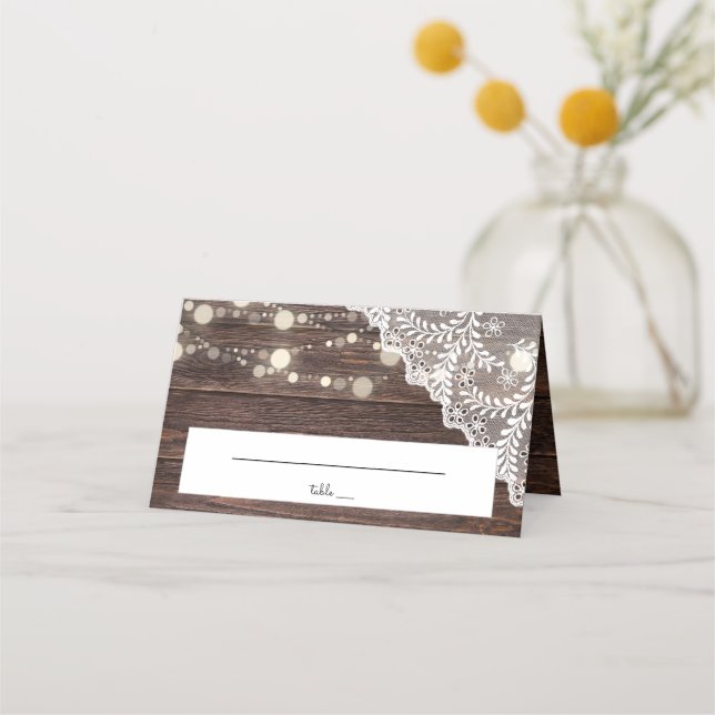 Wood, Lace & String Lights Wedding Place Card (Front)