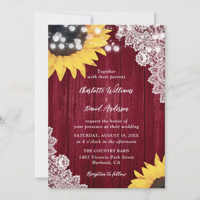 Wood Lace Sunflower Burgundy Wedding Invitations (Front)