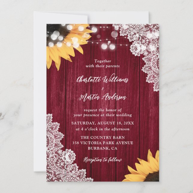 Wood Lace Sunflower Burgundy Wedding Invitations (Front)