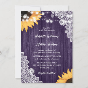 Wood Lace Sunflower Purple Wedding Invitations