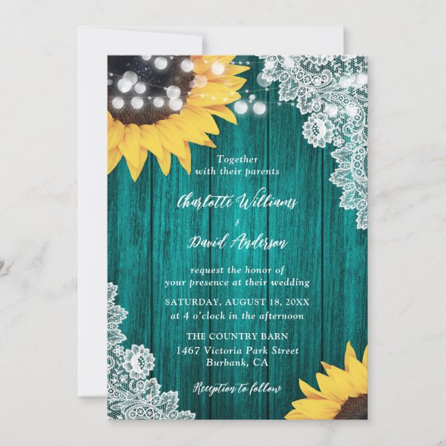 Wood Lace Sunflower Teal Wedding Invitations (Front)