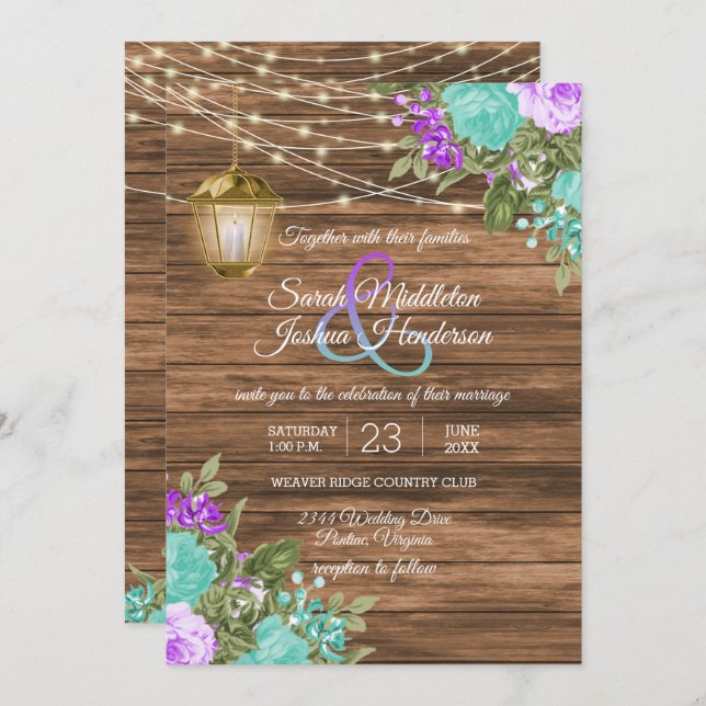 Wood, Lantern and Purple and Teal Flower Wedding Invitation (Front/Back)