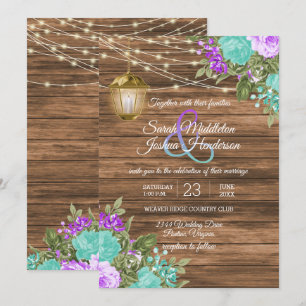 Wood, Lantern and Purple and Teal Flower Wedding Invitation