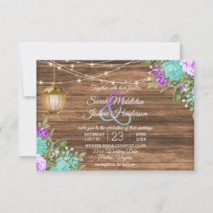 Wood, Lantern and Teal and Purple Flower Wedding Invitation
