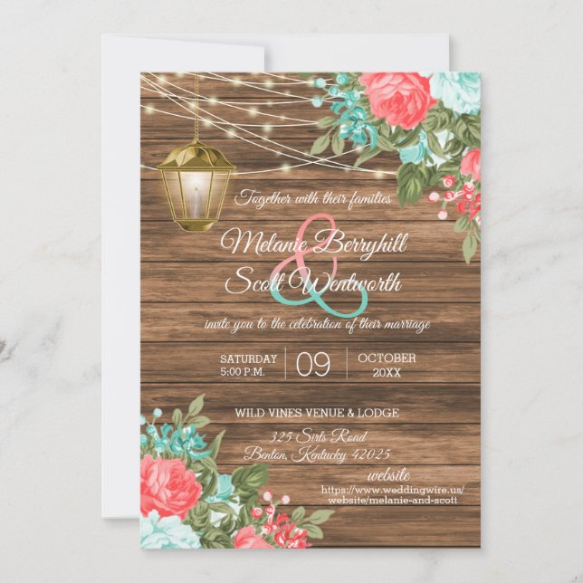 Wood, Lantern and Teal, Coral Flower Wedding  Invi Invitation (Front)