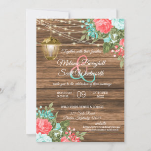 Wood, Lantern and Teal, Coral Flower Wedding  Invi Invitation
