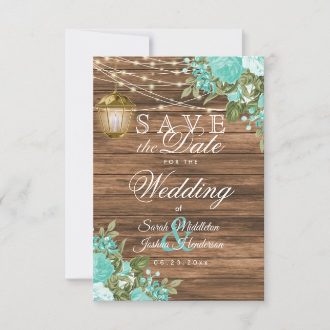 Wood, Lantern and Teal Flower - Save the Date (Front)