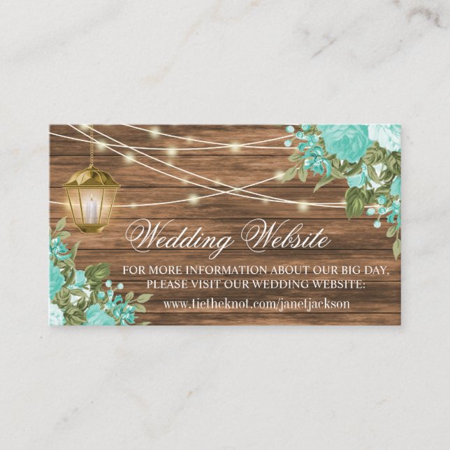 Wood, Lantern and Teal Flowers -  Wedding Website Enclosure Card (Front)
