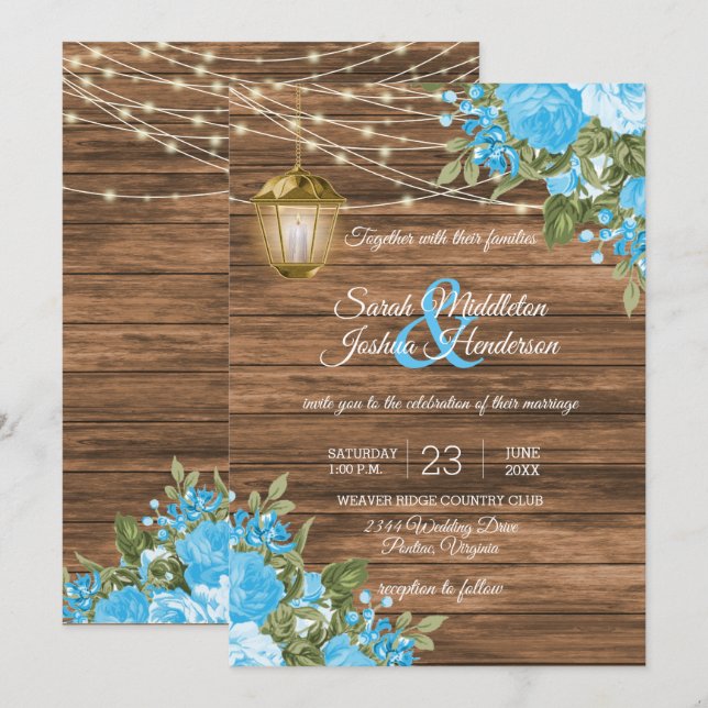Wood, Lanterns and Baby Blue Flower Wedding Invitation (Front/Back)
