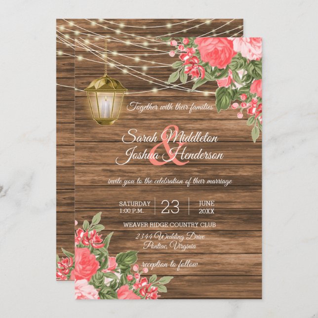 Wood, Lanterns and Coral Flower Wedding Invitation (Front/Back)