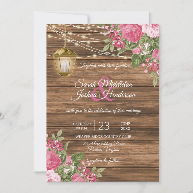 Wood, Lanterns and Mauve Pink Flower Wedding Invitation (Front)
