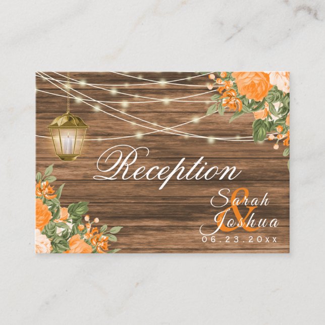Wood, Lanterns and Orange Flower - Reception Enclosure Card (Front)