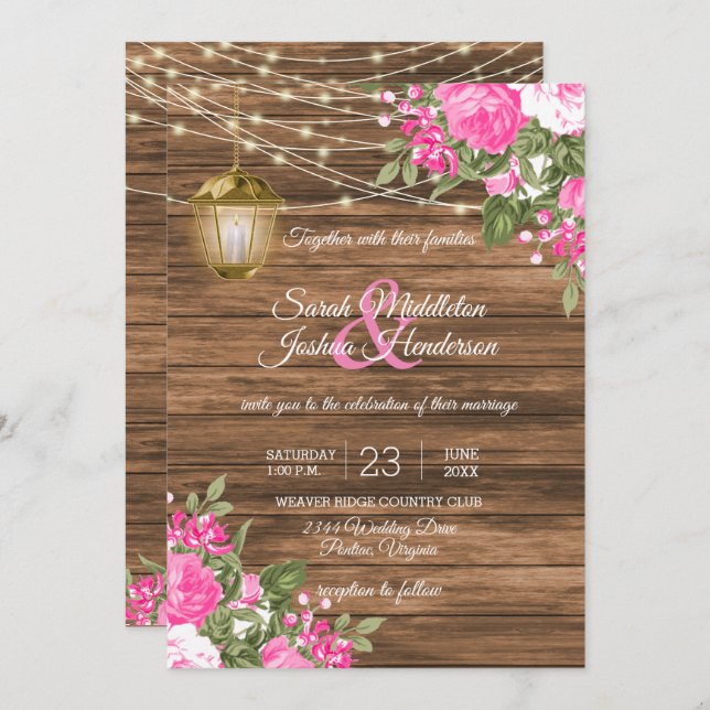 Wood, Lanterns and Pink Flower Wedding Invitation (Front/Back)