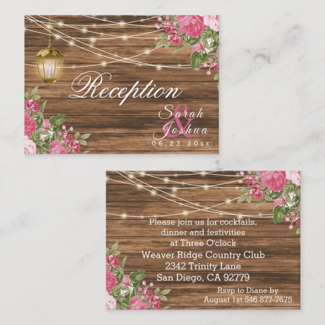 Wood, Lanterns and Pink Mauve Flower - Reception E Enclosure Card (Front/Back)