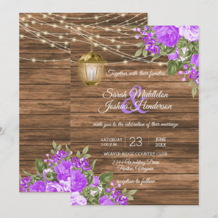 Wood, Lanterns and Purple Flower Wedding Invitation