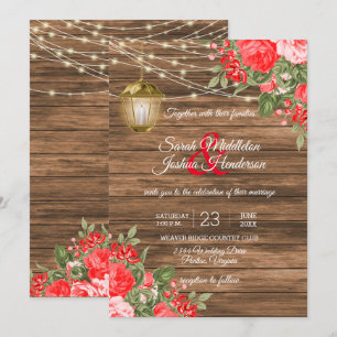 Wood, Lanterns and Red Flower Wedding Invitation
