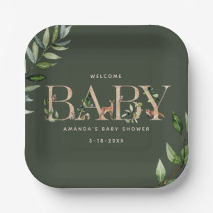 Wood Lettering Forest Animals Baby Shower Paper Plate
