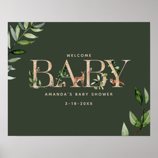 Wood Lettering Forest Animals Baby Shower Welcome Poster (Front)