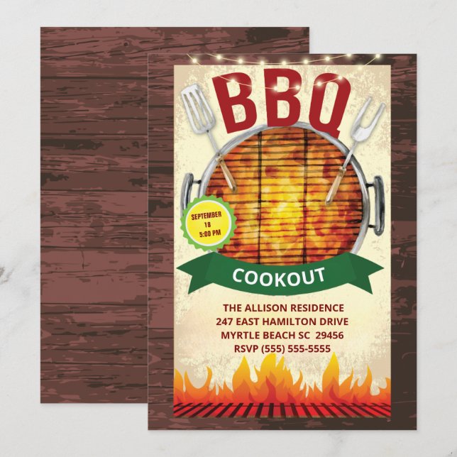Wood Lights BBQ Grill  Cookout  Summer  Party Invitation (Front/Back)