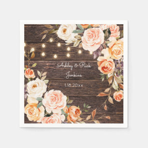 Wood, Lights, Blush Pink & Peach Floral Wedding Napkin