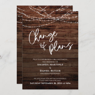 Wood Lights Change of Plans Postponed Wedding Card