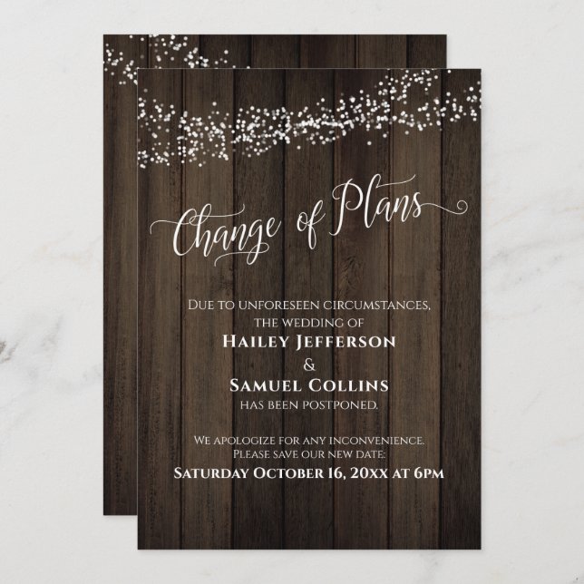 Wood Lights Change of Plans Postponed Wedding Card (Front/Back)