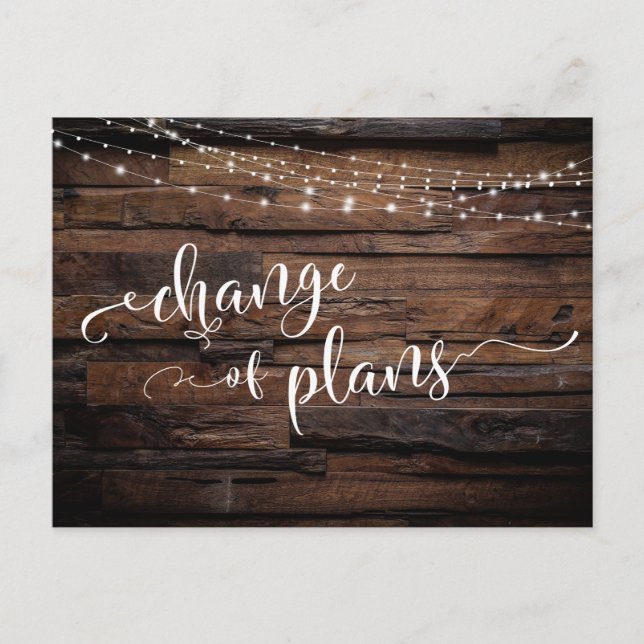 Wood & Lights Change of Plans Postponed Wedding Postcard (Front)
