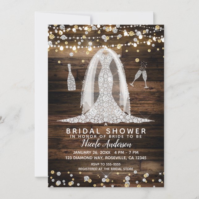 Wood & Lights Diamond Wedding Dress Bridal Shower Invitation (Front)