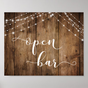 Wood & Lights Open Bar Reception Sign