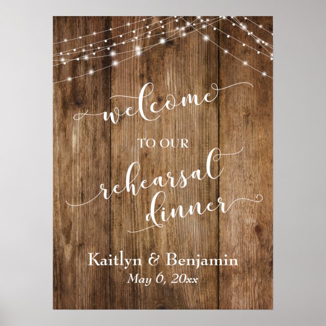Wood & Lights Rehearsal Dinner Welcome Sign (Front)